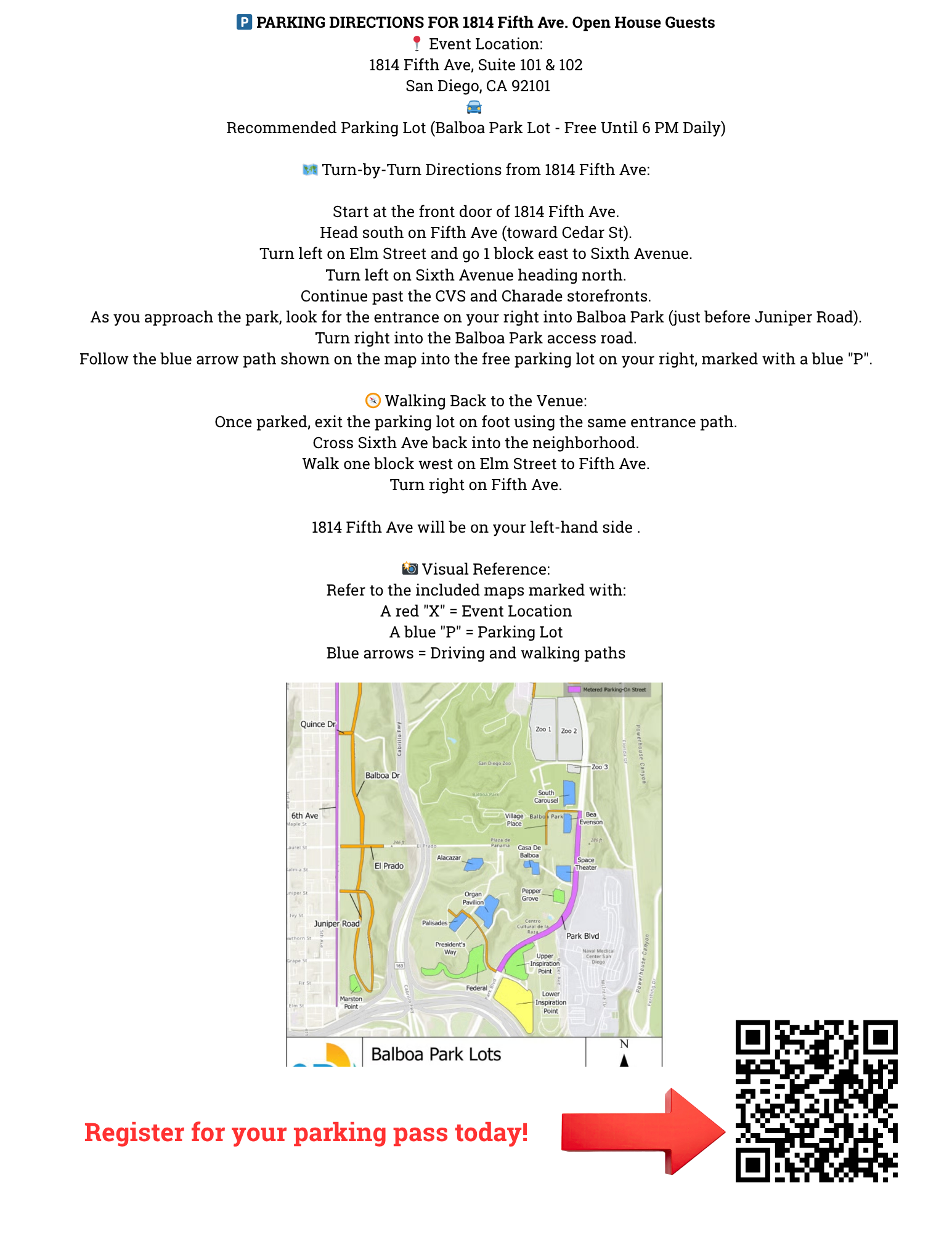 ERS Parking directions flyer with turn-by-turn instructions and parking map